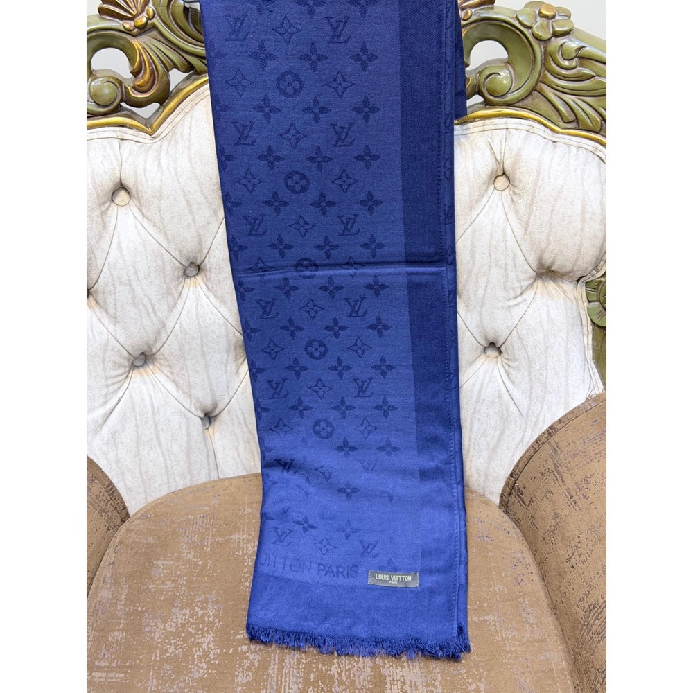 Louis Vuitton Monogram Shine Shawl Electric Blue Silk Wool Fringed Scarf Wrap
